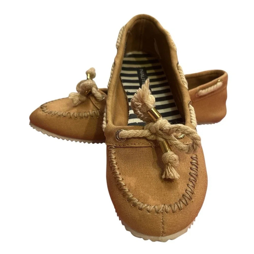 Nautica Canvas Slip On Boat Shoes Women's Size 6M Light Brown Rope Accents